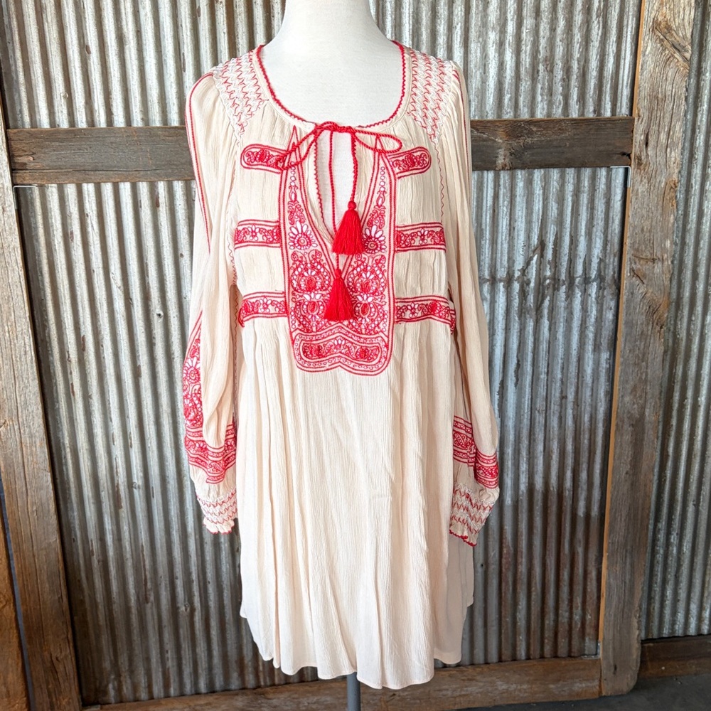 Free People Cream and Red Bohemian Embroidered Dress